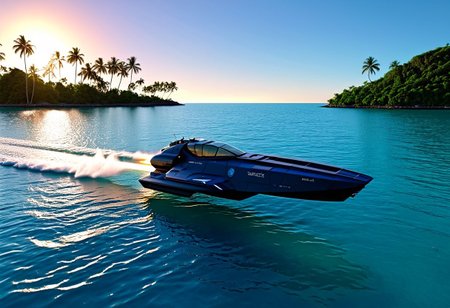 a dark blue (WipEout anti-gravity craft), (split-front:1.3),  flare, that has landed in the waters of a lagoon, floating in the sea, tropical island, blue sky, sunset, sharp, high detailed, realistic, sleek, scifi