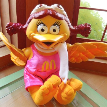 m symbol  on  chest, black  eyes, talen feet, 3D, red pigtails hair, yellow  bird, white scarf, goggles on top of  head, yellow beak, pink romper, feather hands, Birdy, female anthro
