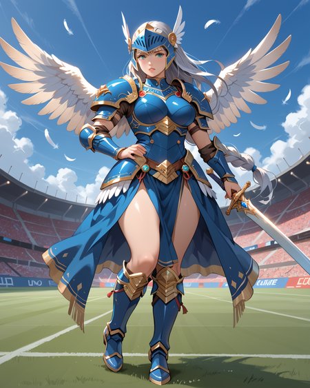 PonyScores7, source_anime, ah1, BREAK 1girl, long hair, mature female, (curvy), thick thighs, wide hips, busty, voluptuous, lips, <lora:venus body PonyXL:0.4>,  grey hair, (Confused), (a dancer stands with feet apart, one hand on their hip and the other arm raised, exuding style), (Stadium Suites, Luxurious private boxes with cushioned seats, mini-fridges, personal restrooms, catering trays, panoramic views of the field, and decorative lighting fixtures), looking at viewer, (<lora:pony_xl_Lenneth:0.4> Lenneth, armor, helmet, blue armor, valkyrie, armored dress, winged helmet, weapon, feathers, shoulder armor, sword, boots, holding, breastplate, holding weapon, skirt, wings, pauldrons), BREAK <lora:xl_more_art-full_v1:0.2>, <lora:shinyskin2:0.2> glistening skin, <lora:aesthetic_anime_v1s:0.2>, <lora:Expressive_H:0.2> Expressiveh, <lora:hairdetailpxl:0.2> hairdetailpxl, <lora:EpicF4nta5yXL:0.2>, <lora:detailxl:0.2> detailxl, <lora:Fant5yP0ny:0.2>, best quality, amazing quality, best aesthetic, absurdres, <lora:expressive eyes:0.2> expressive eyes, <lora:eyedetailpxl:0.2> eyedetailpxl, illustration, Volumetric_Lighting, ultra-detailed, very aesthetic, intricate details, 8k, masterpiece, best_quality, BREAK (Eye-level angle (from behind) view medium Close shot (focus on legs)), BREAK <lora:Eyes_High_Definition:0.3> EyesHD, Stable_Yogis_PDXL_Positives, AS-Adult, <lora:Complicated fantasy portrait - XL Pony V2.0:0.4>, bad-hands-5,
