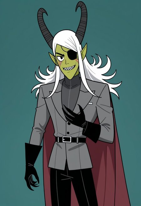 Solo, one character, 
1boy, solo, one character, adult, MrGreen, long thin head, point ears, point chin, green skin, long white hair, large gray ram-like horns, short nostril slits, sharp teeth, claws, eye-patch over right eye, dark gray tunic suit, flaming burgundy cape, black gloves, black pants, black shoes, black belt with golden buckle, black left eye, scar under right eye,