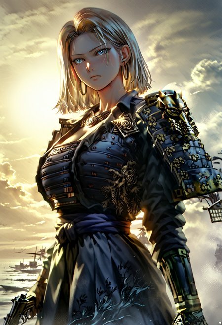 score_9, score_8_up, (cowboy shot:1.5), chest focus, best quality, masterpiece, high contrast, 8k, highly detailed, extremely detailed face, beautiful , Android No. 18, indifferent, blushing, excited, arrogant, side-parted blond hair, slender and perfect figure, (huge breasts: 1.2), thin waist, sexy long legs, beautiful blue eyes, big hoop earrings, wearing Japanese Warring States period armor, holding a Japanese Warring States Period matchlock gun ,  body shot from waist up, detailed background, surreal, HD, extremely detailed, high resolution, cinematic lighting, octane rendering, 8k resolution, Artstation quality, Horizontal viewing angle