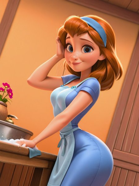 DisneyStudioXL, cinematic,
1girl, (belle \(disney\):1.1), dress, hairband, apron, medium breasts, narrow waist, wide hips,
smile, happy, dutch angle, cute pose, looking at viewer, indoors, wooden table, flowers around, dynamic pose, cowboy shot, washing, one hand on hair,, from side, 
 <lora:DisneyStudios_style-12IL:1>
