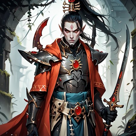 score_9, score_8_up, score_7_up, score_6_up, score_5_up, score_4_up, source_anime, <lora:aeldari_Pony_2:1> aeldari, drukhari, standart drukhari, drukhari's armor, solo, long hair, black hair, hair ornament, red eyes, 1boy, holding, ponytail, weapon, male focus, pointy ears, sword, cape, holding weapon, holding sword,  armor, pale skin