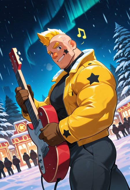 mbtiesfp, 1boy, blonde, short hair, black star on face,, yellow jacket, (white winter coat), brown gloves, black turtleneck shirt, looking at viewer, smirk, grin, happy, brawlStars, in the amusement park, pants, portrait, half body, upper body, blue eyes, shaved mohawk, source_cartoon, 2d, bara, manly, muscular, 3/4 view, night sky, aurora in the sky, snow, playing guitar, {{holding red electric guitar}}, in the concert, ((floating colorful muscial notes)), snowstorm, Side View, Pec focus, left view, warm lighting, with people walking background, {{colorful glowing musical notes}}, yellow eyebrows, yellow chin hair, facial hair, dutch angle, winter forest trees, city nightscape, colorful neon lights,