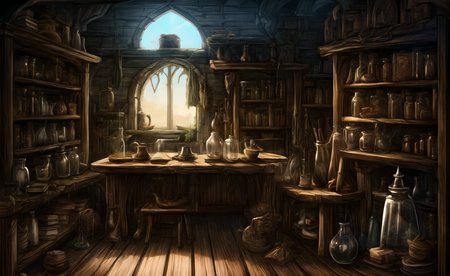 medieval, interior, medieval interior, wooden interior, table, chair, big black cauldron, shelves, books, scrolls, window covered with thin see-through animal hides, (jars filled with mysterious ingredients for brewing potions with:0.4), herbs, a small pestle and mortar, 
HD, very detailed, ambient lighting,
<lora:more_details:1> <lora:Bloodborne:0.25> ,   <lora:FantasyInteriors:0.4> fanint <lora:FantasyStudy:0.4> fanstu