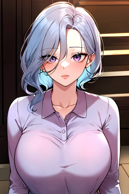 (masterpiece:1.2), best quality, 1lady, pastel blue hair, purple eyes,| goddess, polo, paisley,  shirt, <lora:my_friends:0.5>, looking at viewer,