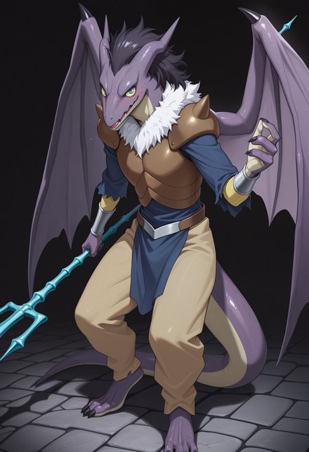 masterpiece, best quality, amazing quality, solo, 1boy, GabiruRs, Purple Skin, wings, armor, blue shirt, pants, trident