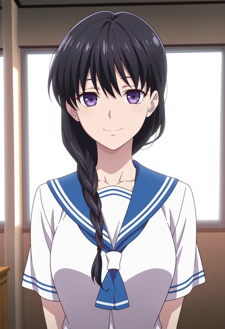 1girl,solo,mm,aged up,long hair,black hair,purple eyes,anime coloring,
braid,hair over shoulder,school uniform,serafuku,white shirt,short sleeves,upper body, looking at viewer,indoors,smile
,masterpiece,best quality,amazing quality,<lora:Saki_Hanajima-Fruits_Basket_IL:0.8>