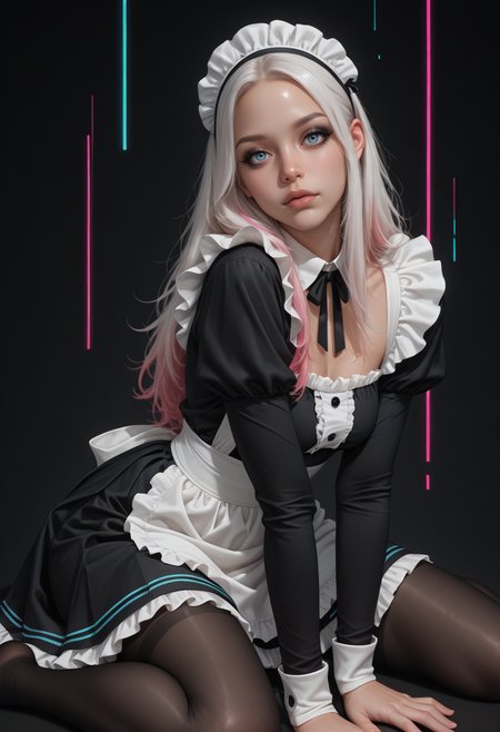 8K, depth of field, focused subject, dynamic angle, sexy pose, best quality, detailed eyes, perfect eyes, realistic eyes, white hair, long hair, pink highlights, blue eyes, black eyeliner, mascara, makeup, slim body, maid cap, black stockings, small ass, medium breast, realistic breast, ruffled maid dress, (black dress), long sleeves, white apron, black ruffled skirt, BREAK, sitting, leaning forward slightly, front view, looking at viewer, movie perspective, dark background, abstract background, (neon lines), dynamic light, colourful, <lora:MoriiMee_Gothic_Niji_Style_Illustrious_r1:0.5> artist:moriimee,  <lora:PowerPuffMixLora:0.3>,