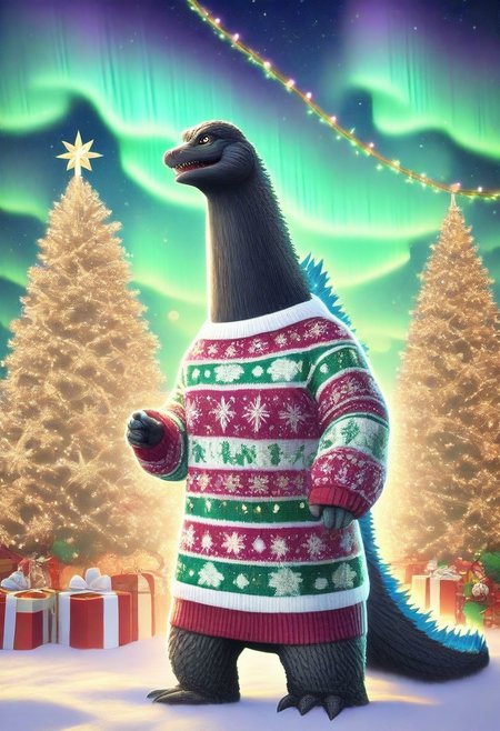 Animal Christmas, masterpiece, best quality, joyful Godzilla, knitted sweater, Christmas tree, festive lights, aurora borealis
