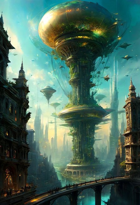 (by Ellen Jewett:1.5), (Bioluminescent Impressionism : 0.5), , the dreamland, Masterpiece, best quality, UHD, 16k, high res, high detailed, 
a utopian city of the future, skyscrapers stretch upward, multi-level roads weave a web around the city, a spaceship takes off in the sky, its skin shining, a view from the streets, style by Greg Rutkowski
epic, dynamic colors,