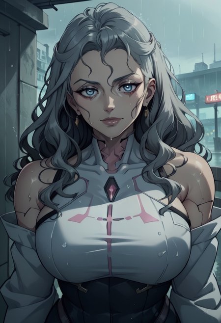 (masterpiece 1.5), (hight quality), Dutch angle,  high detail, perfect face,score_9, score_8_up, score_8_up, girl, solo, SlaneeshXL,grey hair,wavy hair, wearing cyber suit, sexy pose, busty breasts, looking at the viewer, cyberpunk atmosphere, raining, neon street, bar near by, cyberpunk street background