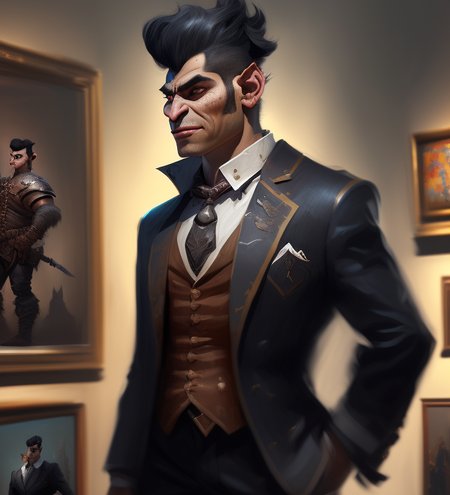 facing camera, splash art full body shot, (extremely detailed 8k wallpaper), digital painting depicting a (((20 Year Old))) (Orc:1.18) Armenian male in an (art gallery:1.4), (tuxedo), (expertly coiffed hair), (Natural skin color:1.5), posed character design study, highly detailed,  soft shading, art by (Lucio Parrillo) and kevin lord and midjourney and Greg Rutkowski, abstract