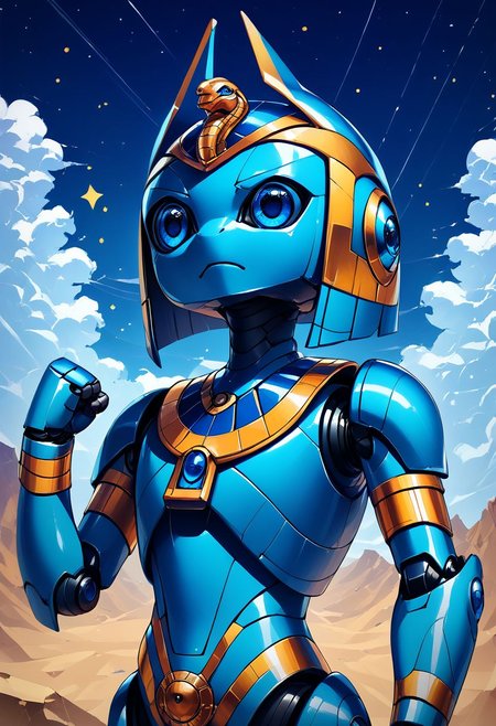 score_9, score_8_up, score_7_up,
zzEgyptian, usekh collar, gold trim, jewelry, gold, eye of horus, pharaoh's headdress, armlet,
 CivBot, blue eyes, sky, cloud, no humans, glowing, stars, science fiction, fist, clenched fist, radio antenna, upper body, blue robot,