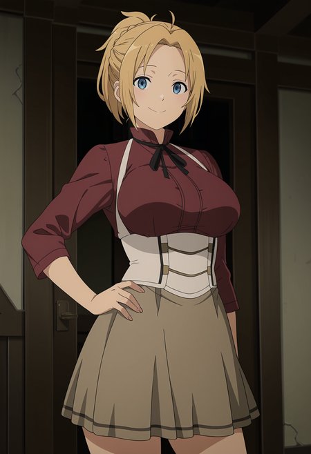 1girl,solo,mm,mature female,blonde hair,blue eyes,braid,ponytail,large breasts,anime coloring,
red shirt,ribbon,skirt,cowboy shot,hand on own hip,looking at viewer, smile,indoors
,masterpiece,best quality,amazing quality,<lora:Zenith_Greyrat-Mushoku_Tensei_ix:0.8>