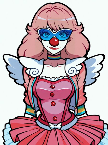 Masterpiece,best quality, vector art, 1girl,solo,cowboy shot,makeup,
edgClussy,red clown nose, a woman in a pink dress, wearing edgClussy,jacket,tutu,sunglasses
<lora:edgClussyILS:1>