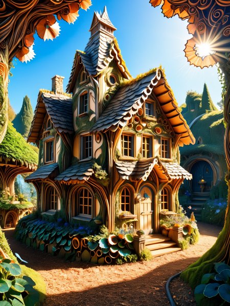 A whimsical intricate miniature ais-pencilshavings fairy inn, at the bottom of a garden surrounded other ais-pencilshavings buildings in amongst the trees and plants, ethereal light, magical, sunny day, atmospheric, dynamic, cinematic, masterpiece, intricate, hdr.  <lora:Pencil_Shavings_Style_SDXL:1>  <lora:EnvyBetterHiresFixXL01:0:hr=1>