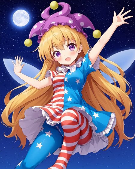 clownpiece,1girl, solo, jester_cap, american_flag_dress, open_mouth, torch, neck_ruff, american_flag_legwear, looking_at_viewer, star_print, holding, star_\(symbol\), blush, arm_up, polka_dot, short_dress, striped_dress, fang, medium_breasts, striped_pantyhose, short_sleeves, polka_dot_headwear, danmaku, star_\(sky\), fire, red_pantyhose, leg_up, starry_sky, moon, armpits, purple_headwear, :d, fairy_wings, frilled_shirt_collar, blue_dress, white_dress
<lora:clownpiece_image6545_2023-12-20:1>,star-shaped_pupils,symbol-shaped_pupils,. gorgeous,key visual, vibrant, studio anime,award-winning, professional, highly detailed,high budget, cinemascope