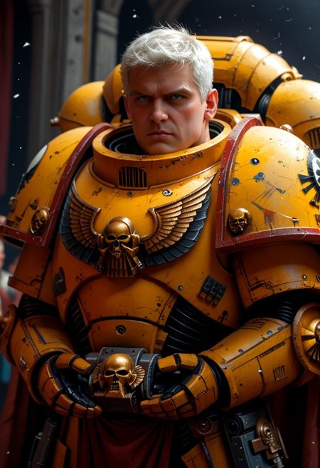 Prompt: Score_9_up, absurdres, source: Gamesworkshop, Rogal Dorn of the Imperial Fists Astartes chapter, muscular rugged cleanshaven man in Yellow armor and short white hair wearing, best quality, expressive eyes, perfect face, perfect anatomy, highly detailed, perfect hands, Warhammer 40K, space marine, mantisdetailerse, adddetails, MOVIE STILL
FILM STILL
CINEMATIC
CINEMATIC SHOT
CINEMATIC LIGHTING, ImperialF40K