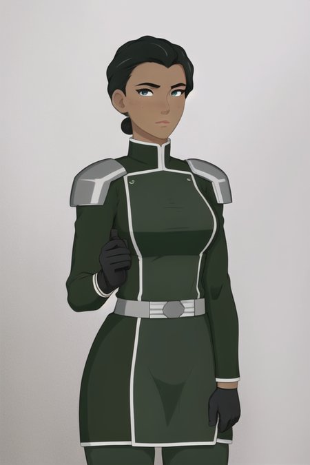 masterpiece, best quality, <lora:CummyBender:.65>, cummy bender, 1girl, solo, breasts, looking at viewer, short hair, black hair, gloves, medium breasts, green eyes, belt, dark skin, armor, mole, uniform, dark-skinned female, mole under eye, military uniform, single hair bun, shoulder armor, grey gloves,