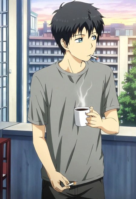 high resolution, solo, best quality, 1Boy, Arata Kaizaki, Black Hair, Blue Eyes, home balcony, morning, cigarette, coffee, t-shirt, shorts, looking away, OverallDetail