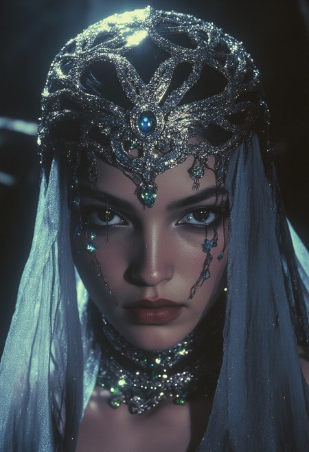 ArsMovieStill, 80s Fantasy Movie Still, In the depths of a mystic reverie, a dark-skinned enchantress materializes, her presence a whispered secret in the velvet darkness. Her eyes, like shattered emeralds, glimmer with an unholy light, as if the very essence of the forest has been distilled into their piercing gaze. A tattered, lace-like veil, a gossamer whisper of forgotten dreams, clings to her skin like a damp, moonlit mist, casting an eerie, silvered glow across her features. The light that bathes her is a crazed, flickering thing, a mad dance of sunbeams and shadowy tendrils that twist and writhe like living serpents around her face. Upon her head, a crown of jagged, chrome splinters reigns, its diamonds flashing like a riot of fireflies on a summer's night, as a diamond-encrusted necklace slithers around her neck like a glittering, venomous serpent. A face ornament, a delicate, bejeweled latticework, sprawls across her cheeks and forehead like a mad, its silver chains and diamonds glinting with a manic, fevered light, as if the very fabric of reality has been torn asunder to reveal a glimpse of the surreal, dreamlike realm that lies beyond. And yet, amidst this maelstrom of color and light, the enchantress remains, a serene, unyielding presence, her gaze a cold, dark mirror that reflects the very soul of the viewer, drawing them in with an otherworldly allure, a siren's call that beckons them deeper into the heart of the madness.