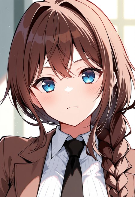 <lora:RikkaInohanaMHTIL:1>, rikkainohana, single braid hair, long braid, blue eyes, brown hair,
white shirt, brown jacket, black nacktie,
looking at viewer, portrait,
masterpiece,best quality,amazing quality,