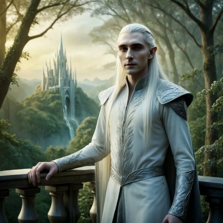 Masterpiece. Fantasy style. 

Thranduil, the Elven King, in a forest glade, standing on a balcony, overlooking the mythical Elven city.

<lora:EtherealSaraph01a_CE_XL_300-OT:0.5> ethrlsrphCE_style
