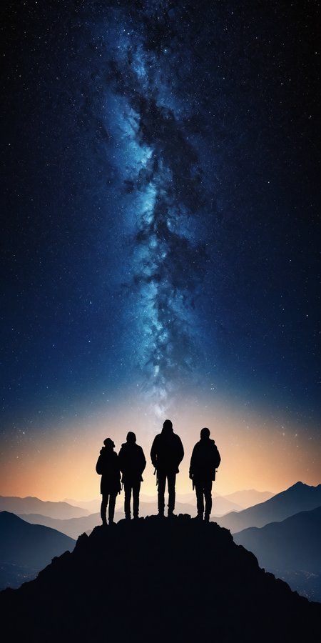 <lora:HMSGåªå½±XL-000001:0.8>,Group of people standing,silhouette,mountain top,starry night sky,mysterious,majestic,surrealism style,high contrast,high definition photography,black and deep blue colors,
