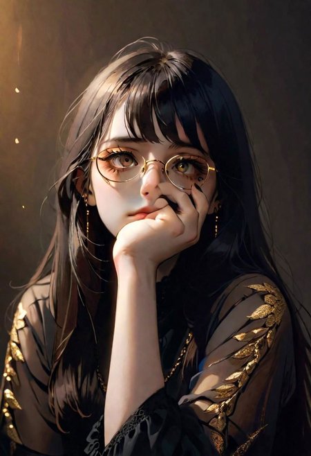 1girl reflective glasses
bangs
long hair
 lethargic sleepy smoky eyes
her hands under her chin,
    shadows, 
  Gradient mastery,   gold decorations 
 photography, photography-color, portraits