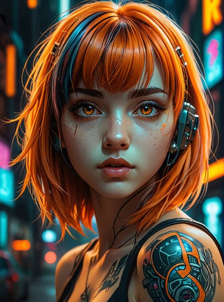 manga style, hyper-detailed portrait of a girl, profile, overhead shot, low head, cyberpunk, (Mindful Machine Art style, Anna Dittmann), tattoos, perfect orange eyes, direct gaze, bright colors, very high contrast, side lighting, hair straight half-length hair, straight bangs, hair covers half the face, background with neon graffiti, hyper-realistic, 3D rendering, 4K