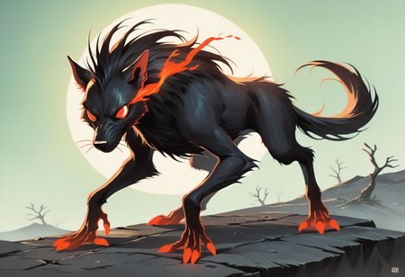 score_9, score_8_up, score_7_up,score_6_up, score_5_up, score_4_up,source_anime,retro artstyle,halftone effect,epic,intricate linework,no humans,creature focus,a black furred barghest with glowing red eyes skulking in the woods,full body