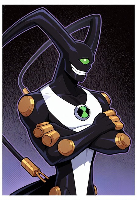 feedback, solo, smile, , tail, 1boy, no humans, green eye, single eye, , digimon (creature), black skin, , alien, masterpiece, best quality, amazing quality, very aesthetic, absurdres, newest, crossed arms, cables, , ((upper body, halftone effect, white borders, abstract background:1.2,))