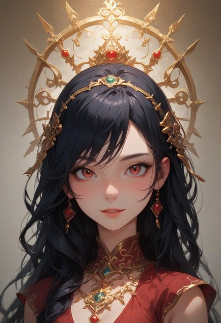 score_9_up, score_8_up, score_7_up, score_6_up, 1girl, solo, 25 years old, perfect face, cute, petite, close view, 
freckles, black hair, long hair, floating hair, headband, hair ornament, golden jewelry, 
red see-through clothes, red harem outfit, 
Arabic architecture, 
blush, shy smile, portrait, face focus, depth of field, looking at viewer,