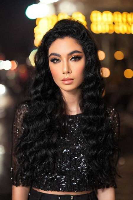 'p3x3ls style photo', a woman with long black hair and a with top, 'At Night'
