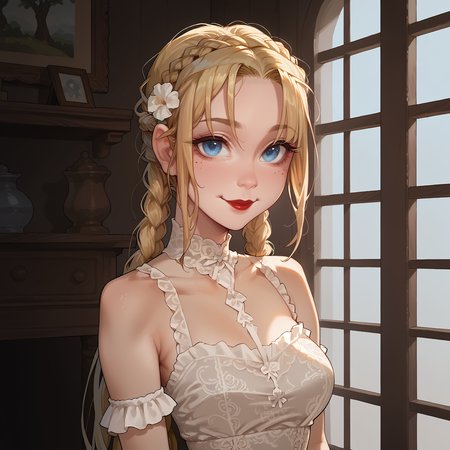 score_9, score_8_up, score_8, score_7_up,score_7, source_anime, rating_explicit, hires, (detailed,best quality:1.2),(<lora:Expressive_H:0.3>), (<lora:JGStyle:0.5>),(<lora:incase-ilff-v3-4:0.7>), 1girl, (skinny:1.3), narrow waist, thin, slender,(<lora:oppai_v0.1-pony:0.8>) , medium breasts, <lora:French_Braids:0.8> , frbraids,  , blonde hair, blue eyes, portrait, french braid, very long hair, hair flower, lace, smile, exquisite dress, looking at viewer,