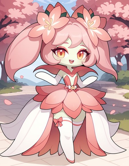 score_9, score_8_up, score_7_up, Lyleen, pokemon \(creature\), anthro, open mouth, 1girl, femboy, girly, solo, Expressiveh, elegant, looking at viewer, hair flower, twintails, pink hair, chibi, cute, full body, pink dress, bows, pink thigh highs,short dress, big head, smile, :3, pink eyeshadow, pink elbow gloves, flower garden, cherry blossom, (pastel colours), Chibi, <lora:cefaa866-a58e-40ba-a219-79ab392f7d60:0.8>, <lora:bade12a5-57c3-47ac-86af-723ba1ed744e:0.8>, <lora:3632b07a-445d-4446-bd0f-525fb9202be0:0.8>