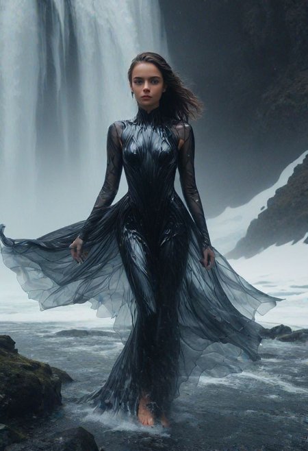 a young woman wearing a full ObsidianGlass dress in  a waterfall