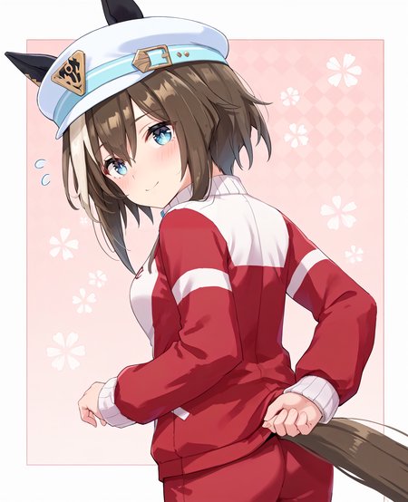 score_9, score_8_up, score_7_up, 1girl, (looking at viewer:1.2), (open mouth:0.6), smile,, nose blush, patterned background,, 
(running:1.4),, (from behind:1.2), 
<lora:pony_cheval_grand_v1.06:0.8>, horse ears, horse tail, black ear covers, cheval grand \(umamusume\), embarrassed, medium small breasts, captain hat, short hair, 
<lora:_sdxl-um-tracenjersey-pony:0.6>, red jacket, track jacket, sleeves past wrists, tracenjerseypants, red long pants,,,