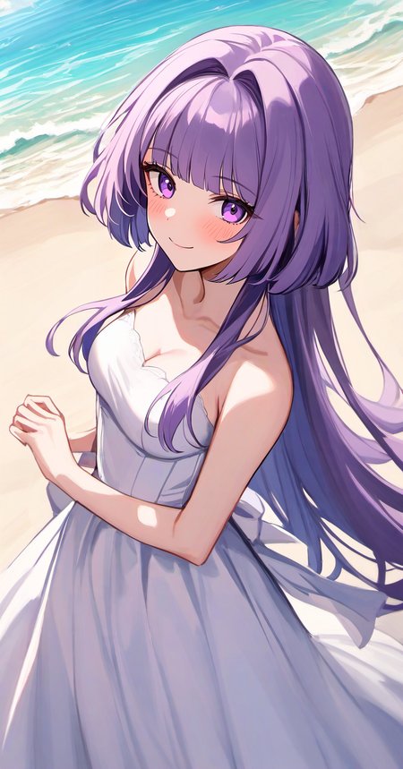 <lora:kuragecut_v1:1> ,kuragecut,1girl,solo,long_hair,very long hair,outdoors,sunny,day,beach,standing,cowboy shot, blush,smile,bangs,breasts,medium_breasts,purple hair,,purple eyes,dress,wedding_dress, looking at viewer,hime_cut,sidelocks,hair intakes,from above