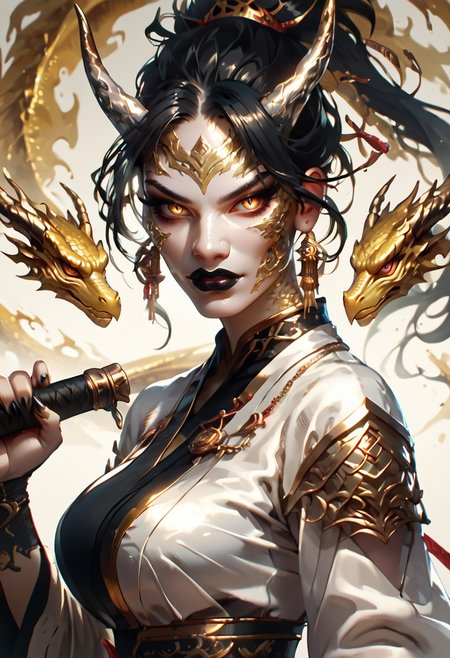 score_9, score_8_up, score_7_up, score_6_up, score_5_up, score_4_up,(fantasy art depicts a golden dragon woman with long black hair, golden scales, dragon face, silver dragon horns, black lipstick:1.2), holding a silver whip <lora:PonyFantasyWarriorsJapan:1>hkwarrior