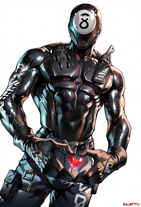 <lora:8ball:1.0>, score_9, score_8_up, score_7_up, score_6_up, rating_explicit, 8ball, Fortnite, male, muscular, (black body, black skin, black gloves), (((Mask with number 8 written on it, written eight))), (5 fingers), (((no nipples, no navel))), clothes, (((all character black body))), 
surreal, surreal background, shadow, dutch angle, dynamic angle, dynamic action, atmospheric perspective, cinematic, intricately detailed illustration, depth of field, masterpiece, best quality, amazing quality, very aesthetic, absurdres, newest, very awa
(((Looking for viewer, clothes suit, fully clothed))), shiny skin,
(((heart hands, up head))), medium shot, close-up, intimatepov,
simple plain white background, surreal, symbolic
background, shadow, foreshortening, dutch angle,
dynamic angle, dynamic action, intricately detailed,
depth of field, atmospheric perspective, masterpiece,
best quality, amazing quality, very aesthetic,
absurdres, newest,
foreshortening,