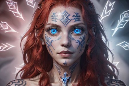 bright red hair, human female, (feminine:1.7), (beautiful face, detailed face:1.6), (beautiful eyes, detailed eyes:1.7), (looking at viewer, eye contact, intense:1.6), (long hair, red hair, curly hair:1.3), , ((masterpiece, best quality, high resolution, realistic, best quality,)), photo realistic, Perfect Face, (detailed face). <lora:GoodHands-vanilla:0.6> <lora:add-detail-xl:0.8>, mage, (Dress White military uniform coat), dagger, rune dagger, glowing runes, , (((glowing magic symbols tattoos, religious tattoos))), ((face tattoos)), glowing tattoos, stone tower in the background