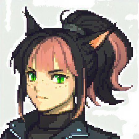 score_9, score_8_up, score_7_up BREAK  <lora:clamXIVMC_v31:1> xivmc, animal ears, two-tone hair, ponytail, green eyes, slit pupils, freckles, leather jacket, turtleneck, <lora:zs_FEGBAPortraitsXL:1> fegbaportraits, portrait, white background