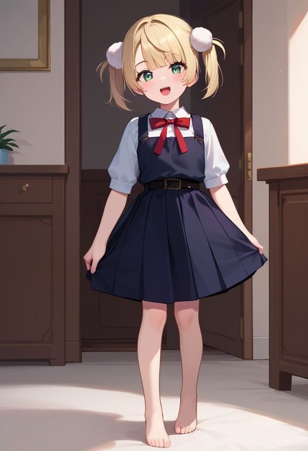 score_9, score_8_up, score_7_up, score_6_up, score_5_up, score_4_up, source_anime, masterpiece, 
fair skin, cute, young, petite, thin waist, beautiful legs, barefoot, blushing,
look at viewer, from front, straight-on, full body view, 
shigureui-requiem,shigure ui \(vtuber\),green eyes, blonde hair,short hair,twintails,pom pom hair ornament,pinafore dress,
standing,