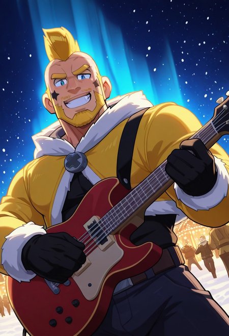 mbtiesfp, 1boy, blonde, short hair, black star on face,, yellow jacket, white winter coat, winter gloves, black shirt, looking at viewer, smirk, grin, happy, brawlStars, in the amusement park, pants, portrait, half body, upper body, blue eyes, shaved mohawk, source_cartoon, 2d, bara, manly, muscular, 3/4 view, night sky, aurora in the sky, snow, playing guitar, {{holding red electric guitar}}, in the concert, ((floating colorful muscial notes)), snowstorm, Side View, Pec focus, left view, warm lighting, with people walking background, {{colorful glowing musical notes}}, yellow eyebrows, yellow chin hair, facial hair, dutch angle, Vinlandsagastyle-IL.V1.0