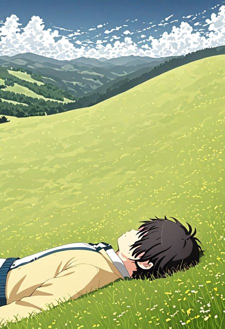 high resolution, solo, best quality, 1Boy, Inaho Kaizuka, Black Hair, relax, sleep, meadow, hill, cloudy, OverallDetail