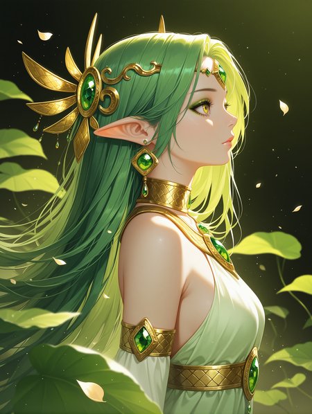 realistic, cowboy shot, 
1girl, solo, long_hair, hair_ornament, closed_mouth, jewelry, yellow_eyes, earrings, green_hair, pointy_ears, from_side, eyelashes, lips, petals, profile, makeup, glowing, leaf, portrait, gem, light_particles, eyeshadow, circlet, forehead_jewel, green_theme, gold, falling_leaves, green_gemstone, depth of field,
,masterpiece,best quality,amazing quality,