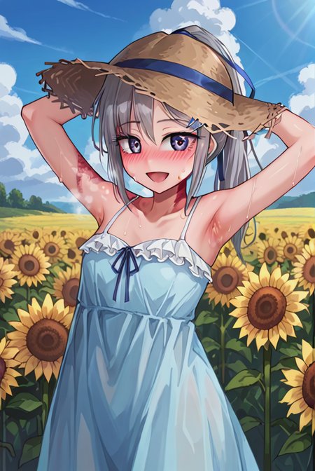 score 9,score 8 up,score 7 up,rating questionable,detailed background,aroused,cinematic lighting,dynamic lighting,uncensored,
,sylvie <lora:sylvie.pony:1>,silver hair, ponytail,blue ribbon, 
steaming body,sensual,alluring,sweatdrop,heavy breathing,
outdoors,sunflower field,summer,blue sky,thunderclouds,light blue sundress,straw hat,sunlight,
smile,open mouth,armpits,sweat,