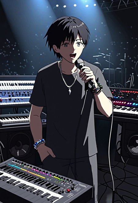Highres, Masterpiece, High Quality, 4K, 8K, solo, 1Boy, Takaki Toono, adult, black hair, short hair, idol, singing, big stage, spotlight, virtual concert, microphone, cable, musical instrument, speaker, equalizer, synth, enthusiast, necklace, bracelet, ring, watch, anklet, earrings, easynegative, detailed_eye_model